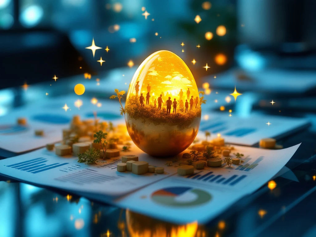 Golden egg balancing quantitative analytics and qualitative business metrics on a modern desk, symbolizing holistic startup assessment.