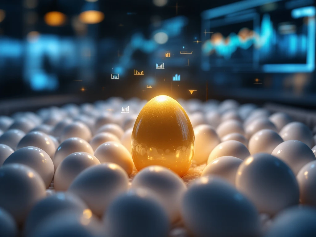 Glowing golden egg among white eggs with holographic analytics, symbolizing investment potential in office setting