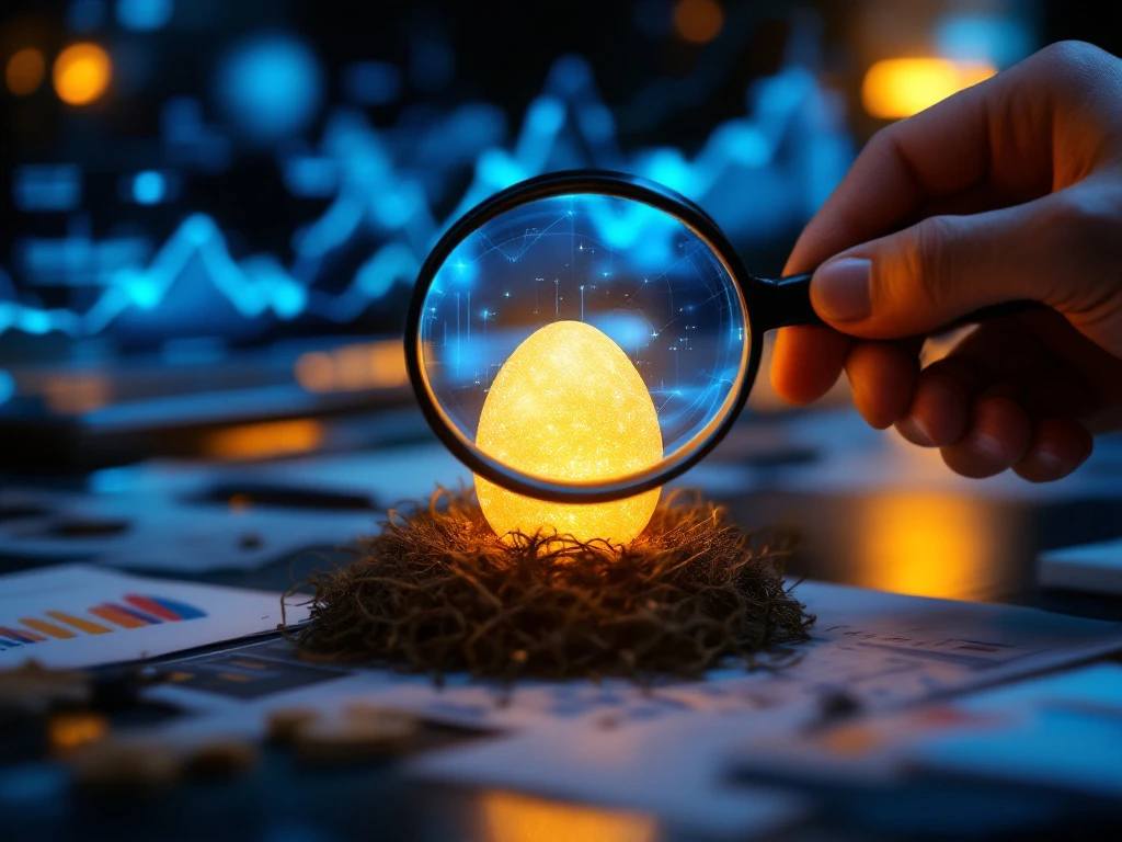 Golden egg examined with magnifying glass amid startup performance metrics and holographic data visualizations on a modern desk.