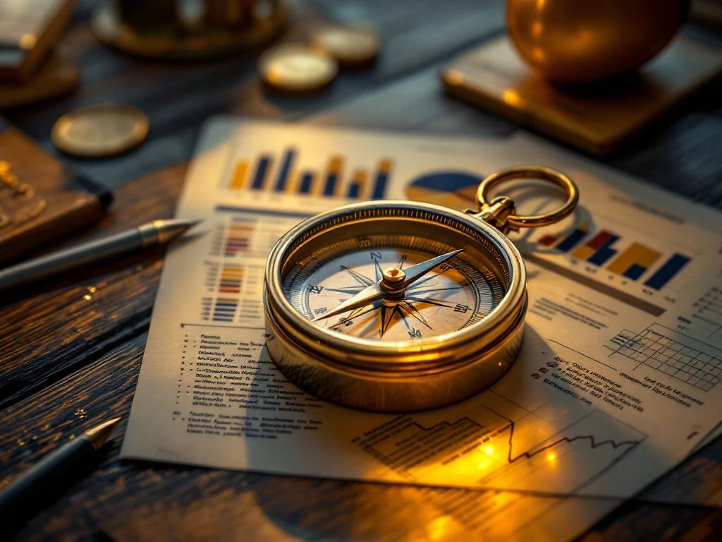 Weathered compass on investment portfolio with golden egg, symbolizing balance between analytical data and intuition in venture capital decisions.