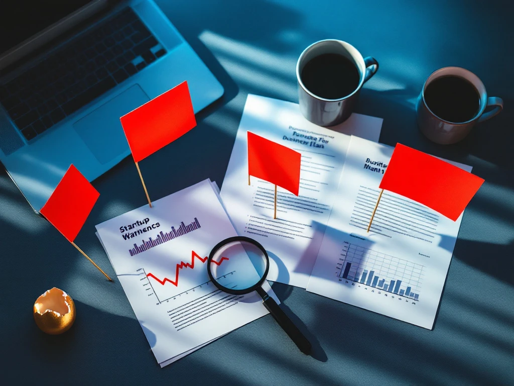 Office desk with red warning flags among business documents showing declining charts, a magnifying glass, and a cracked golden egg paperweight.