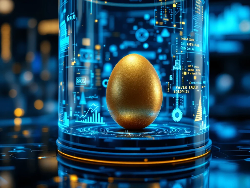 Golden egg in futuristic analysis chamber with blue holographic patent symbols, representing valuable technological potential