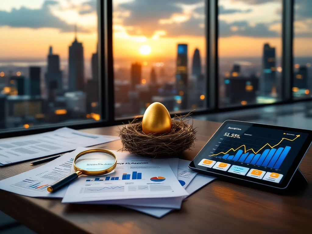 Investment workspace with magnifying glass examining startup documents beside golden egg symbol, overlooking cityscape at golden hour